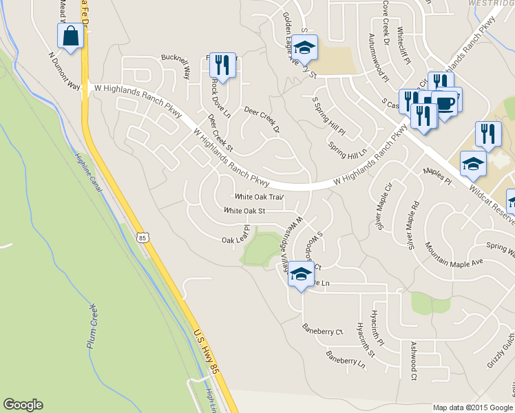 map of restaurants, bars, coffee shops, grocery stores, and more near 3153 West White Oak Street in Littleton