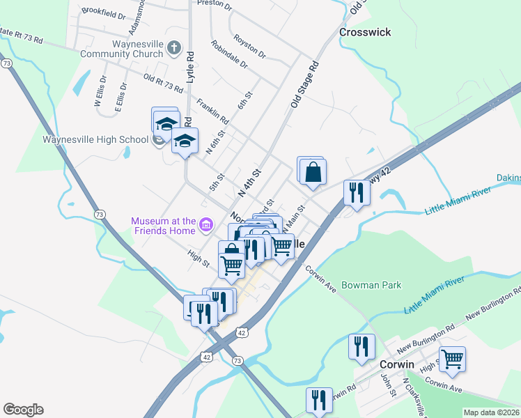 map of restaurants, bars, coffee shops, grocery stores, and more near 83 North 3rd Street in Waynesville