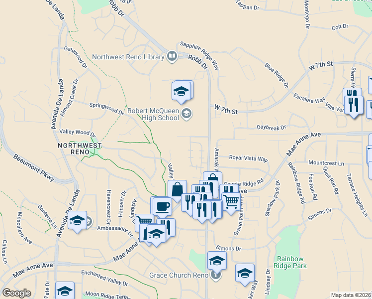 map of restaurants, bars, coffee shops, grocery stores, and more near 1927 Tuolumne Drive in Reno