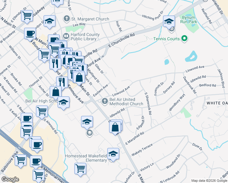 map of restaurants, bars, coffee shops, grocery stores, and more near 206 Linwood Avenue in Bel Air