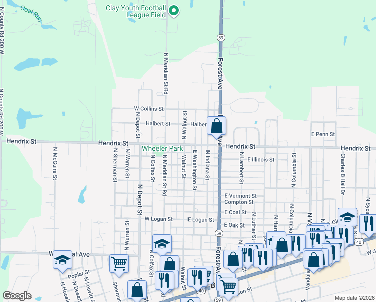 map of restaurants, bars, coffee shops, grocery stores, and more near 832 North Washington Street in Brazil