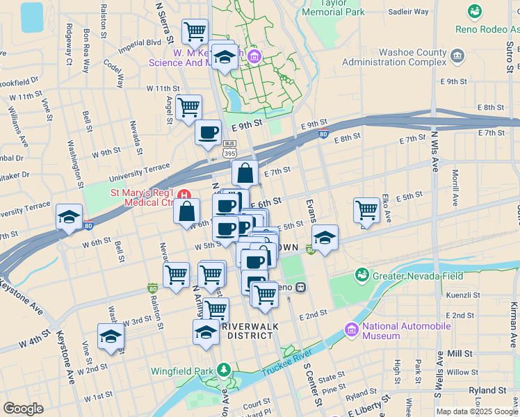 map of restaurants, bars, coffee shops, grocery stores, and more near 561 North Center Street in Reno