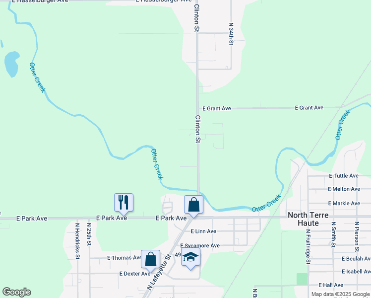 map of restaurants, bars, coffee shops, grocery stores, and more near 5488 North Clinton Street in North Terre Haute