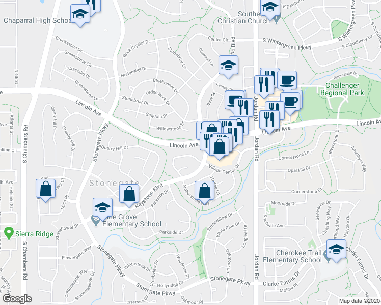 map of restaurants, bars, coffee shops, grocery stores, and more near 16443 Stone Ledge Drive in Parker