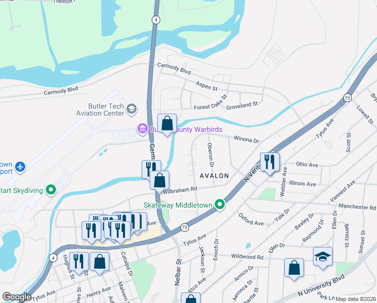 map of restaurants, bars, coffee shops, grocery stores, and more near 1820 Winona Drive in Middletown
