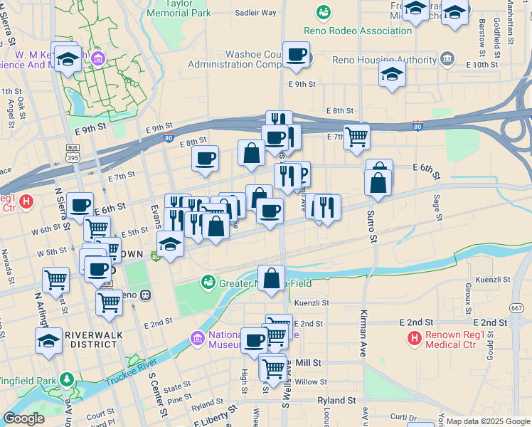 map of restaurants, bars, coffee shops, grocery stores, and more near 425 Eureka Avenue in Reno