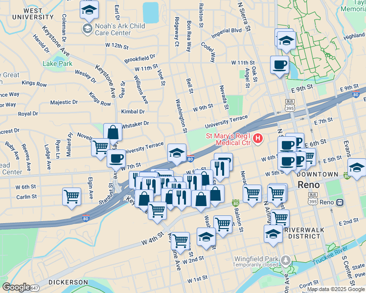 map of restaurants, bars, coffee shops, grocery stores, and more near 763 West 7th Street in Reno