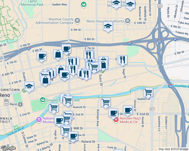 map of restaurants, bars, coffee shops, grocery stores, and more near 1100 East 4th Street in Reno