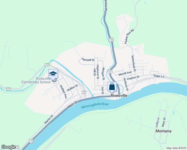 map of restaurants, bars, coffee shops, grocery stores, and more near 59 Hill St in Rivesville
