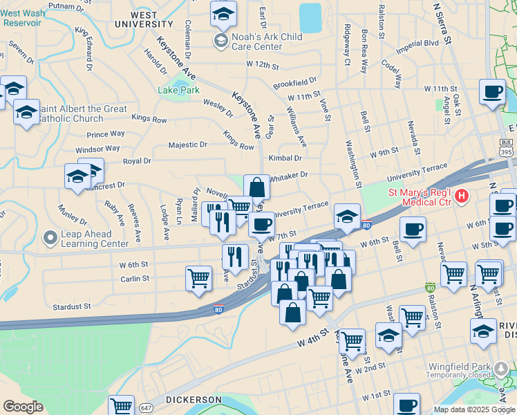 map of restaurants, bars, coffee shops, grocery stores, and more near 800 Novelly Drive in Reno