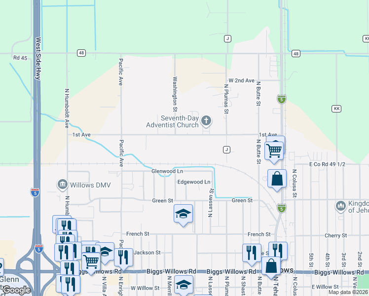 map of restaurants, bars, coffee shops, grocery stores, and more near 668 1st Avenue in Willows