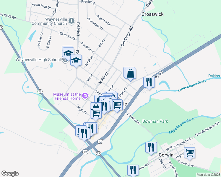 map of restaurants, bars, coffee shops, grocery stores, and more near 83 North 3rd Street in Waynesville