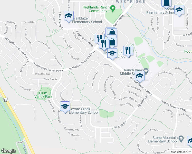 map of restaurants, bars, coffee shops, grocery stores, and more near 10168 Silver Maple Circle in Littleton