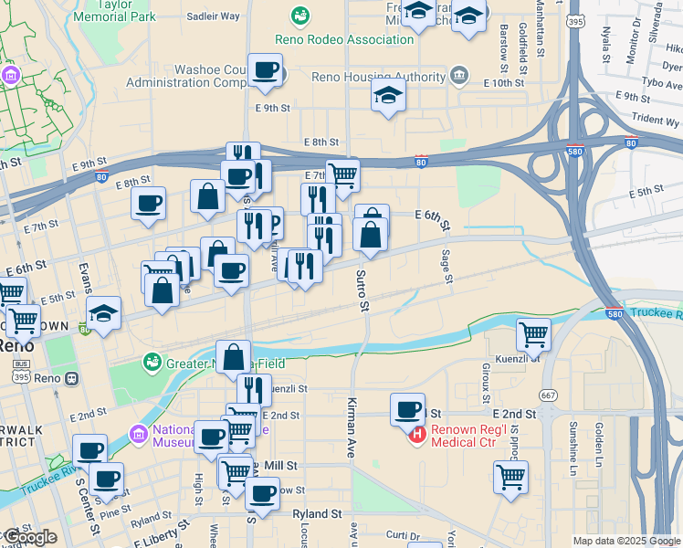 map of restaurants, bars, coffee shops, grocery stores, and more near 1100 East 4th Street in Reno