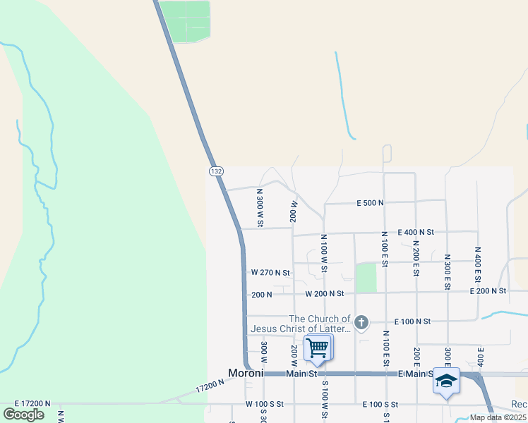 map of restaurants, bars, coffee shops, grocery stores, and more near 454 North 300 West Street in Moroni