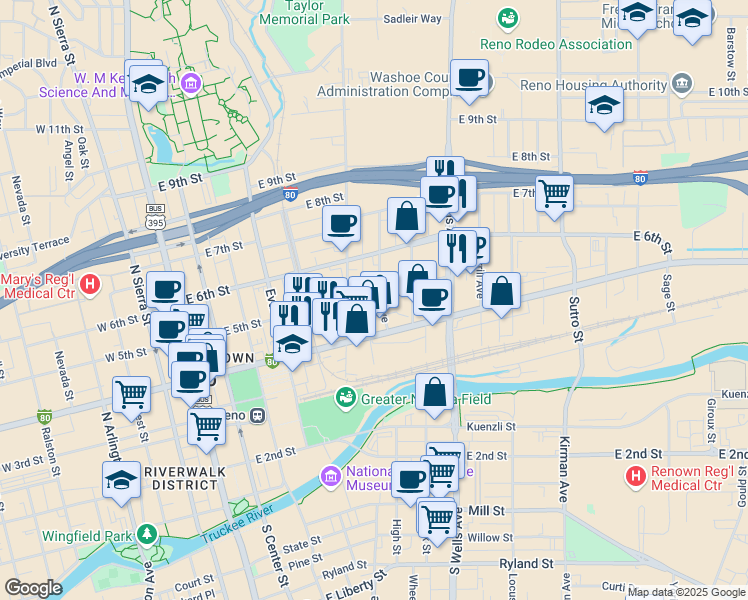 map of restaurants, bars, coffee shops, grocery stores, and more near 491 Elko Avenue in Reno