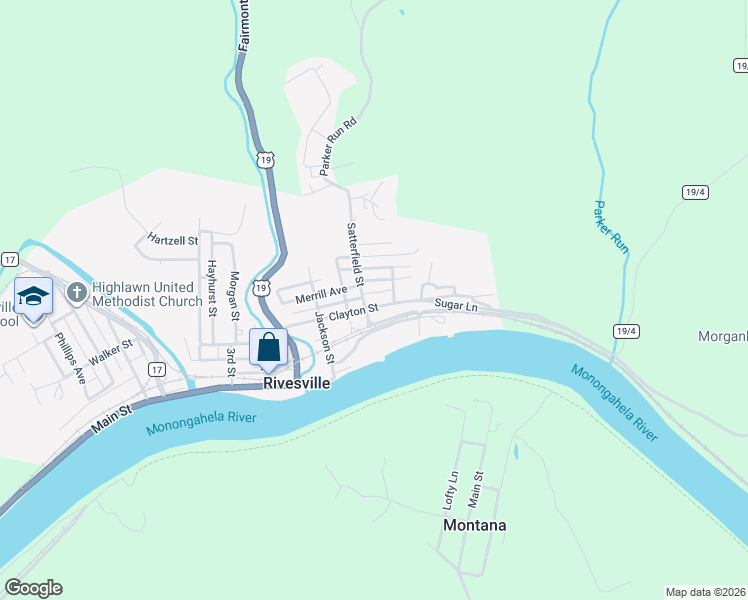 map of restaurants, bars, coffee shops, grocery stores, and more near 409 Clayton Street in Rivesville