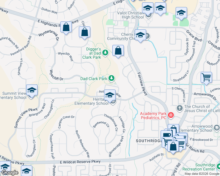 map of restaurants, bars, coffee shops, grocery stores, and more near 3314 Astorbrook Circle in Littleton
