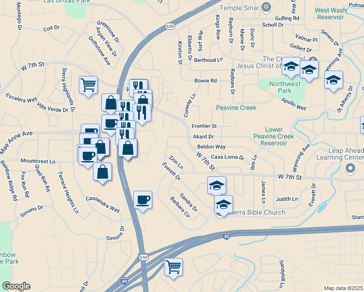 map of restaurants, bars, coffee shops, grocery stores, and more near 3540 Yosemite Place in Reno