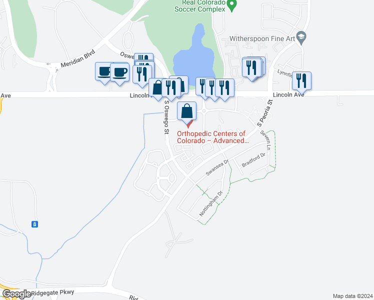 map of restaurants, bars, coffee shops, grocery stores, and more near 11796 Amston Lane in Parker