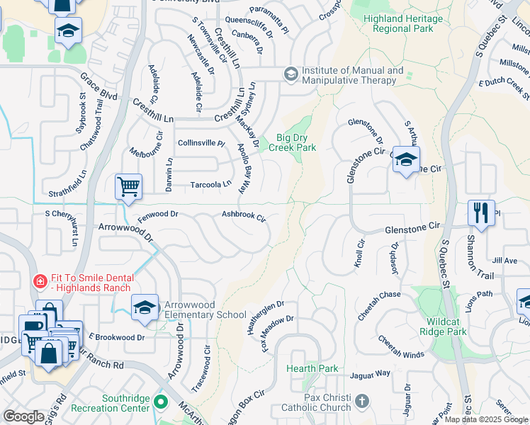 map of restaurants, bars, coffee shops, grocery stores, and more near 5251 Foxborough Court in Littleton
