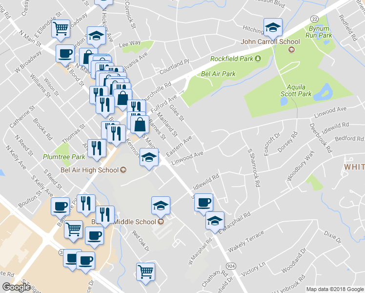 map of restaurants, bars, coffee shops, grocery stores, and more near 500 Maitland Street in Bel Air