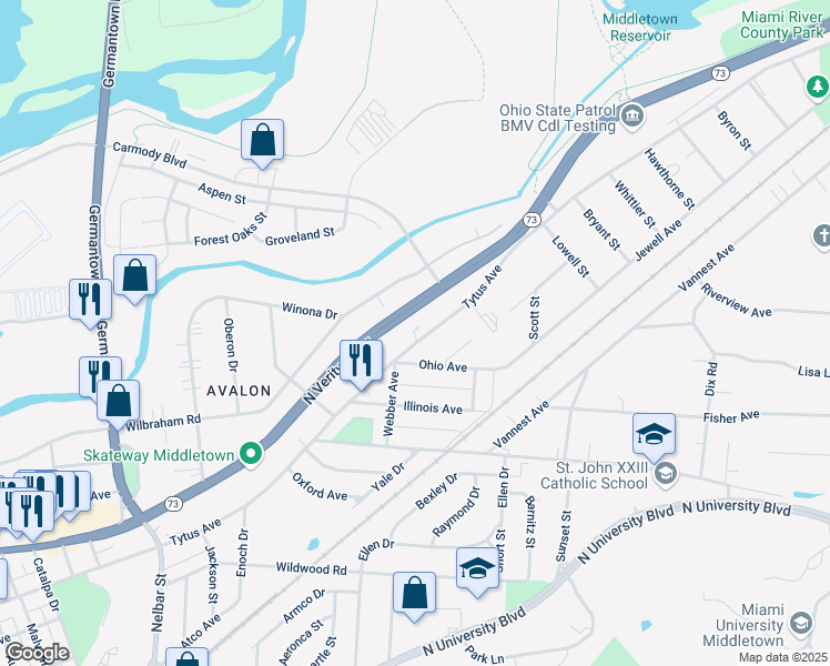 map of restaurants, bars, coffee shops, grocery stores, and more near 3119 Tytus Avenue in Middletown