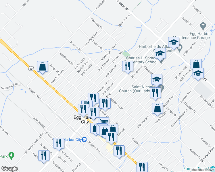 map of restaurants, bars, coffee shops, grocery stores, and more near 325 5th Terrace in Egg Harbor City