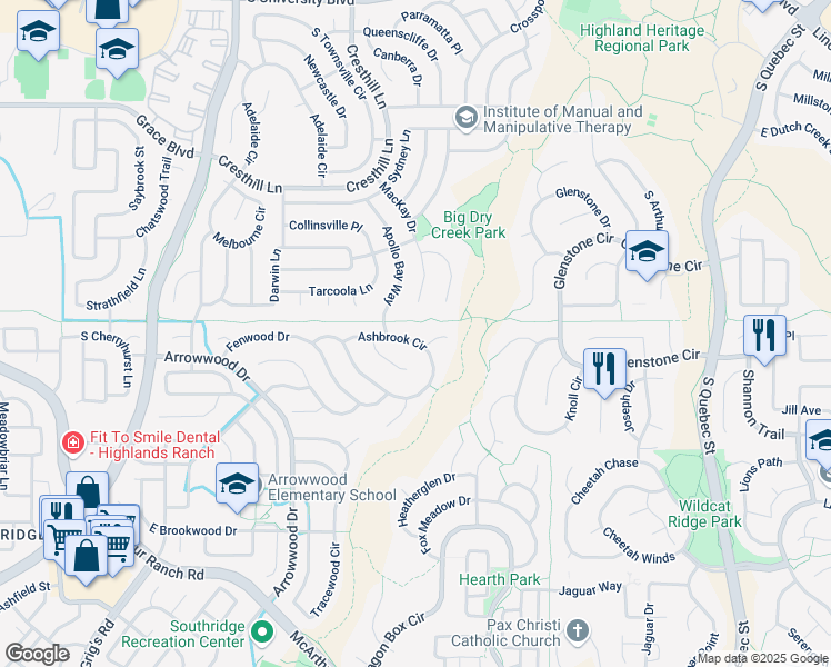 map of restaurants, bars, coffee shops, grocery stores, and more near 5251 Foxborough Court in Littleton