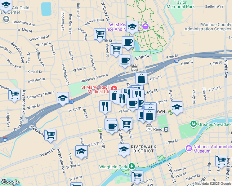 map of restaurants, bars, coffee shops, grocery stores, and more near 235 West 6th Street in Reno