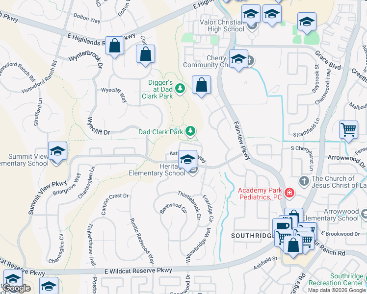 map of restaurants, bars, coffee shops, grocery stores, and more near 3314 Astorbrook Circle in Littleton