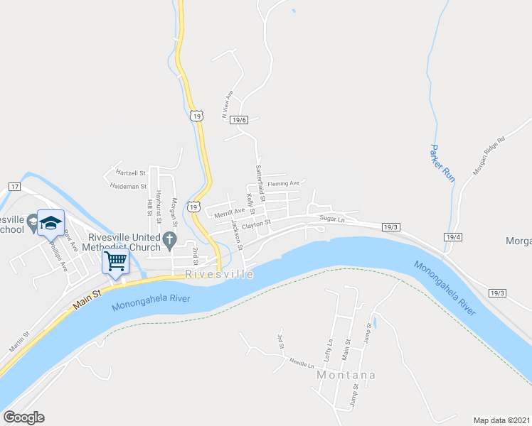 map of restaurants, bars, coffee shops, grocery stores, and more near Fear Street in Rivesville