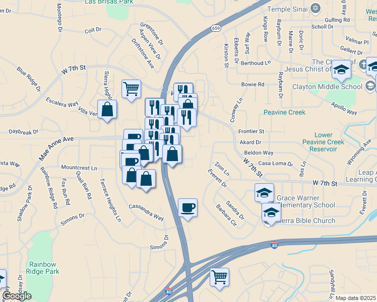 map of restaurants, bars, coffee shops, grocery stores, and more near 10350 North McCarran Boulevard in Reno