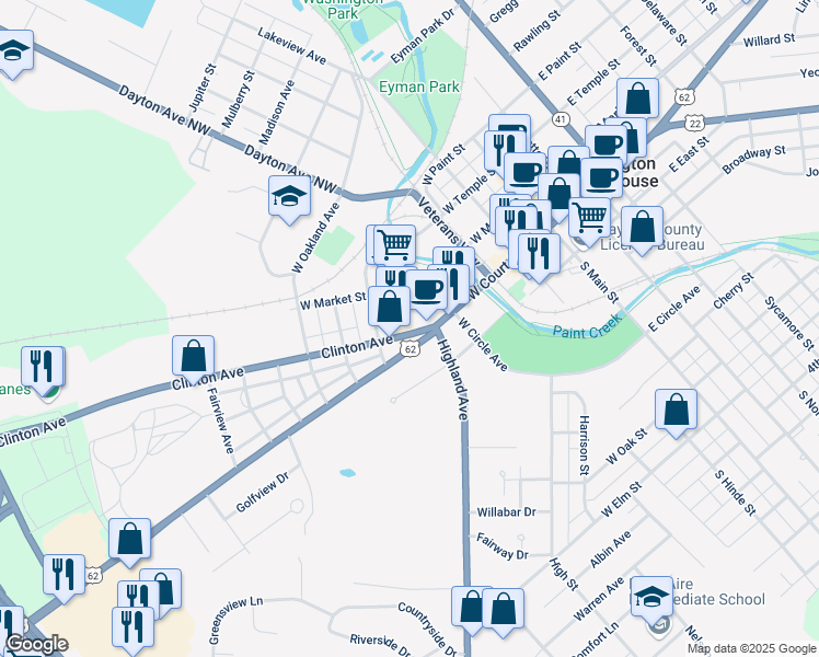 map of restaurants, bars, coffee shops, grocery stores, and more near 548 Clinton Avenue in Washington Court House