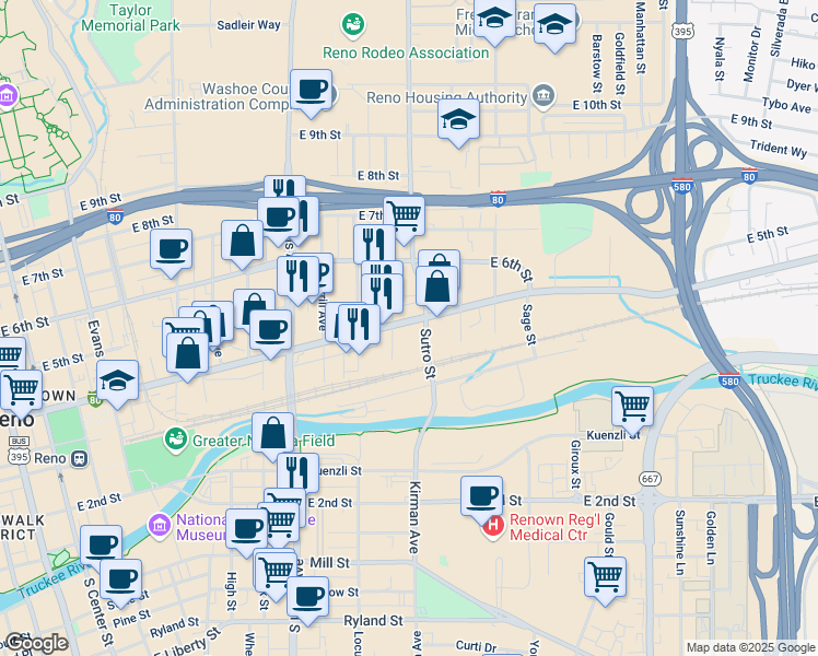 map of restaurants, bars, coffee shops, grocery stores, and more near 1100 East 4th Street in Reno