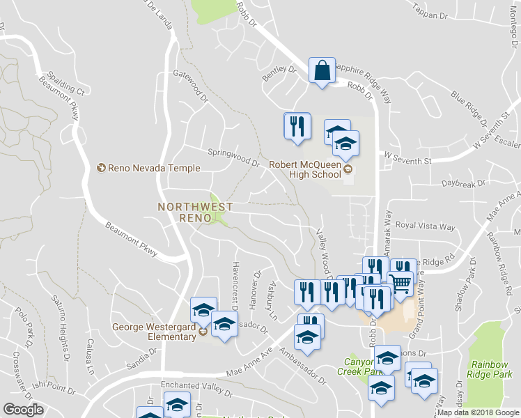 map of restaurants, bars, coffee shops, grocery stores, and more near 6414 Valley Wood Drive in Reno
