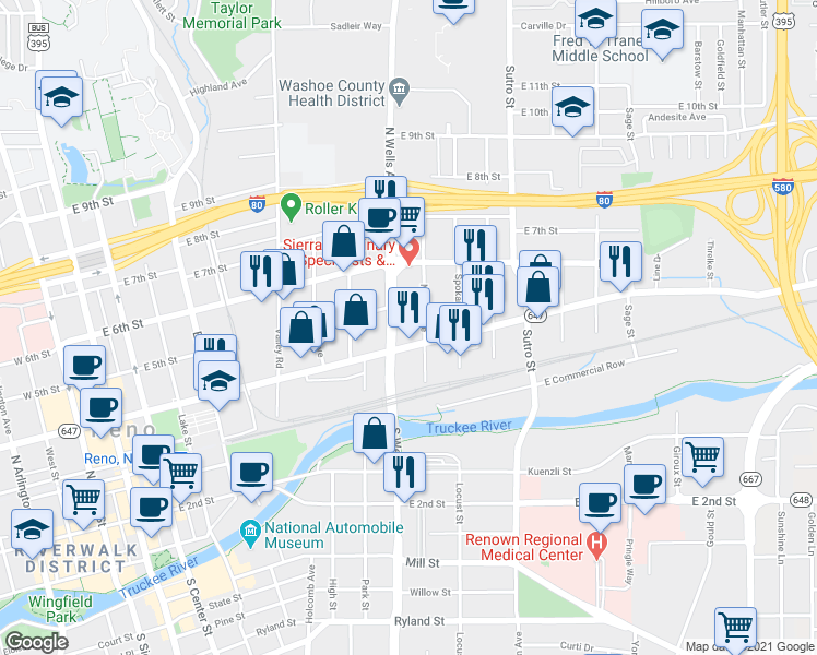 map of restaurants, bars, coffee shops, grocery stores, and more near 855 East 4th Street in Reno