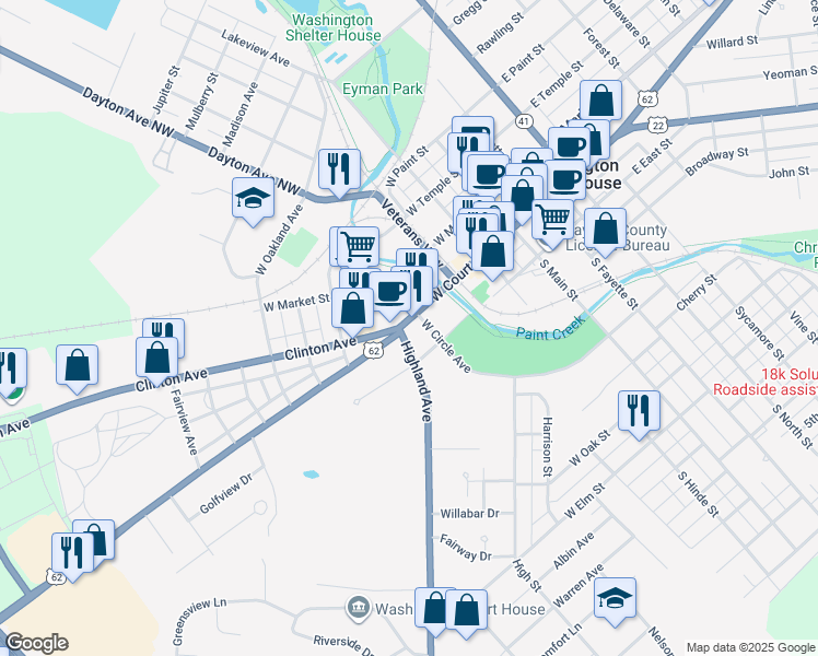 map of restaurants, bars, coffee shops, grocery stores, and more near 421 West Court Street in Washington Court House