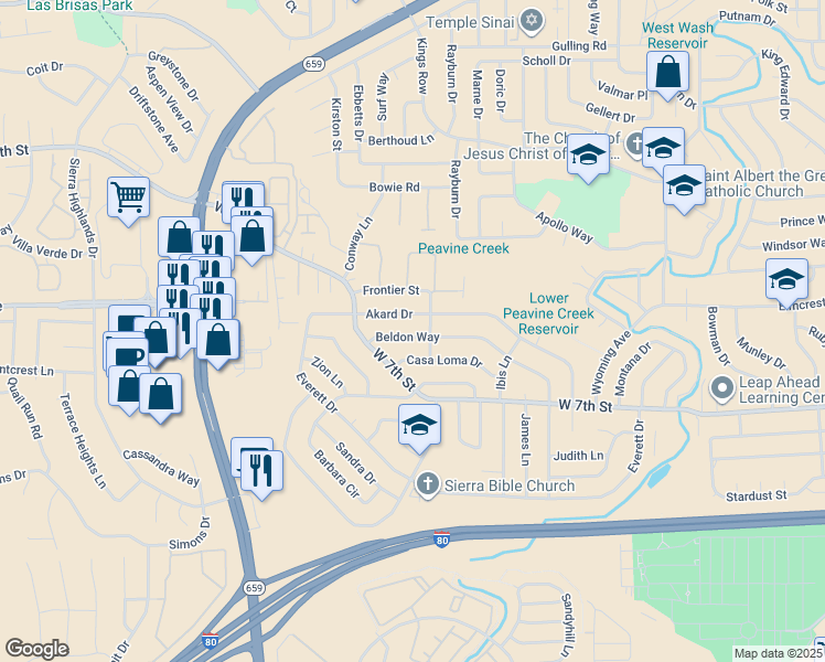 map of restaurants, bars, coffee shops, grocery stores, and more near 1211 Beldon Way in Reno