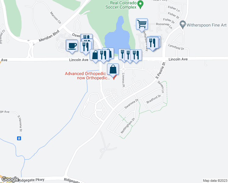 map of restaurants, bars, coffee shops, grocery stores, and more near 11799 Amston Lane in Parker