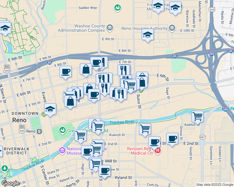map of restaurants, bars, coffee shops, grocery stores, and more near 1000 East 4th Street in Reno