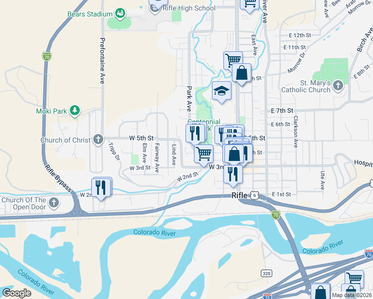 map of restaurants, bars, coffee shops, grocery stores, and more near 440 West 4th Street in Rifle