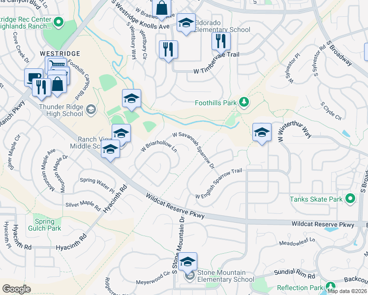 map of restaurants, bars, coffee shops, grocery stores, and more near 1196 West Briarhollow Way in Littleton