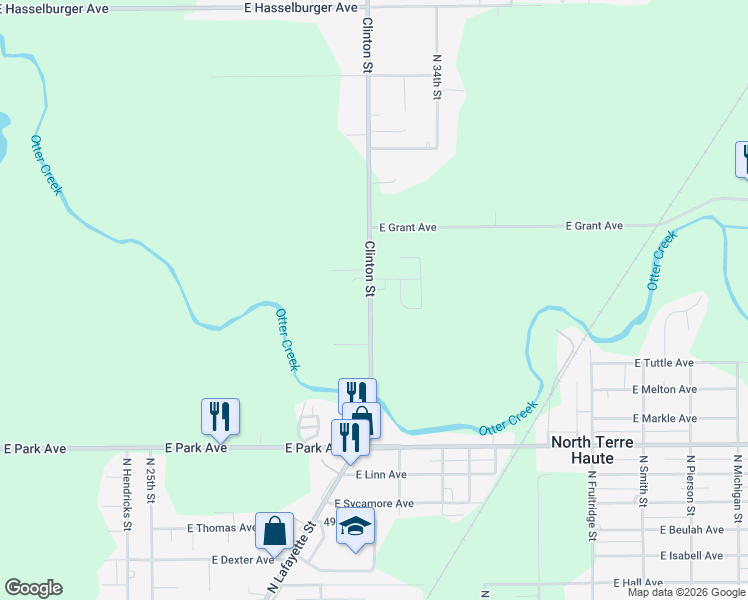 map of restaurants, bars, coffee shops, grocery stores, and more near 3199 Wilbur Lane in Terre Haute