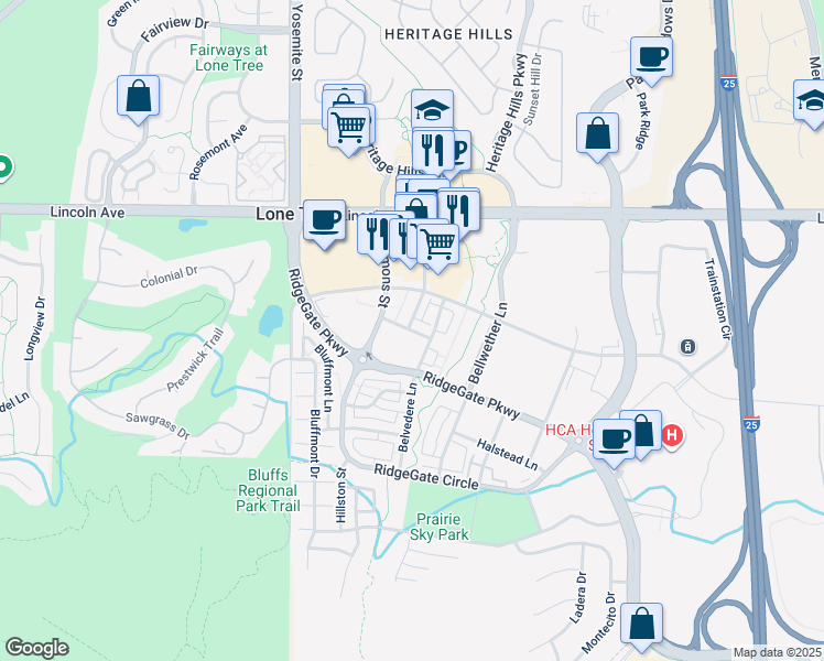 map of restaurants, bars, coffee shops, grocery stores, and more near 10063 Town Ridge Lane in Lone Tree