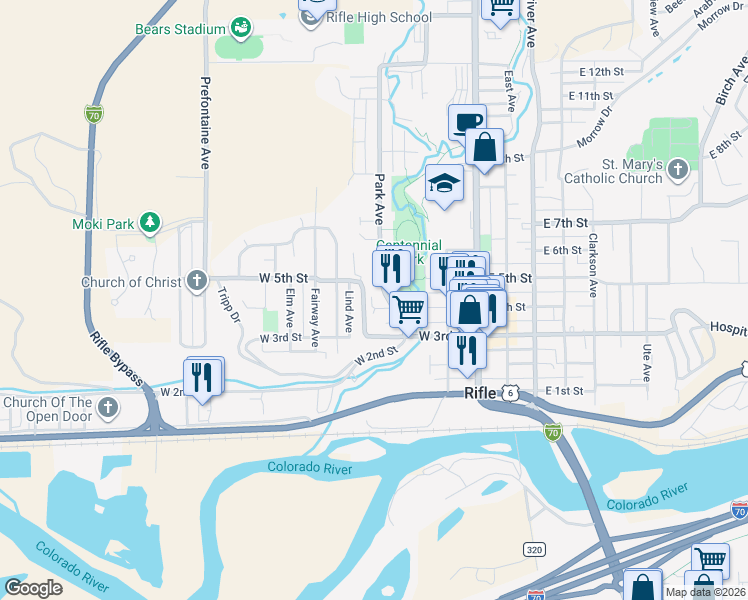 map of restaurants, bars, coffee shops, grocery stores, and more near 333 Park Avenue in Rifle