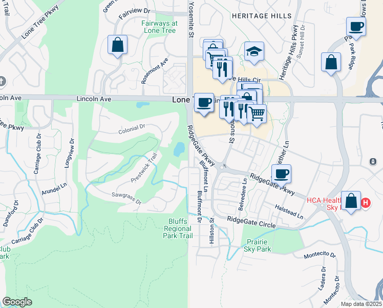 map of restaurants, bars, coffee shops, grocery stores, and more near 10121 Crooked Stick Trail in Lone Tree