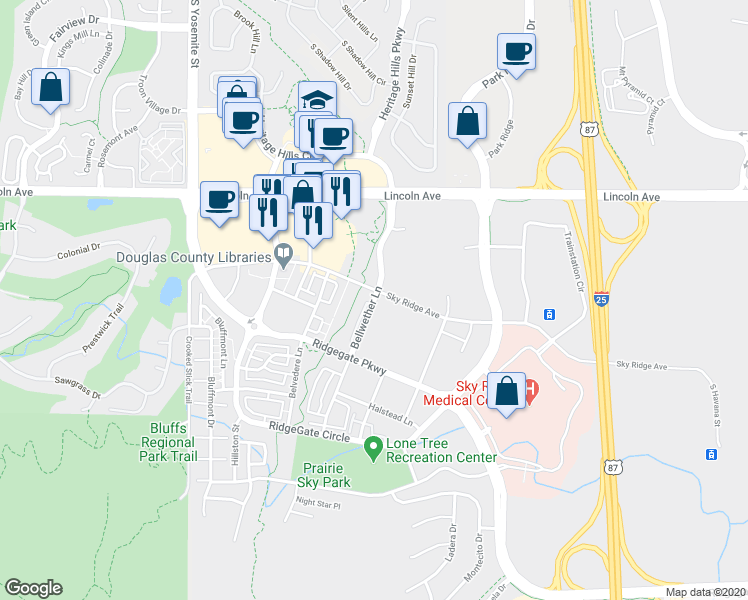 map of restaurants, bars, coffee shops, grocery stores, and more near 10111 Bellwether Lane in Lone Tree