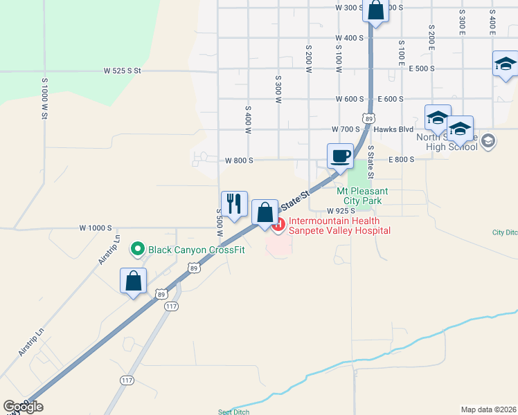 map of restaurants, bars, coffee shops, grocery stores, and more near 355 West 900 South in Mount Pleasant