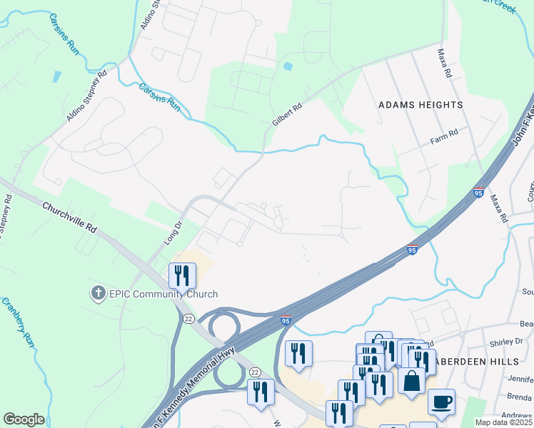 map of restaurants, bars, coffee shops, grocery stores, and more near 13 Long Drive in Aberdeen